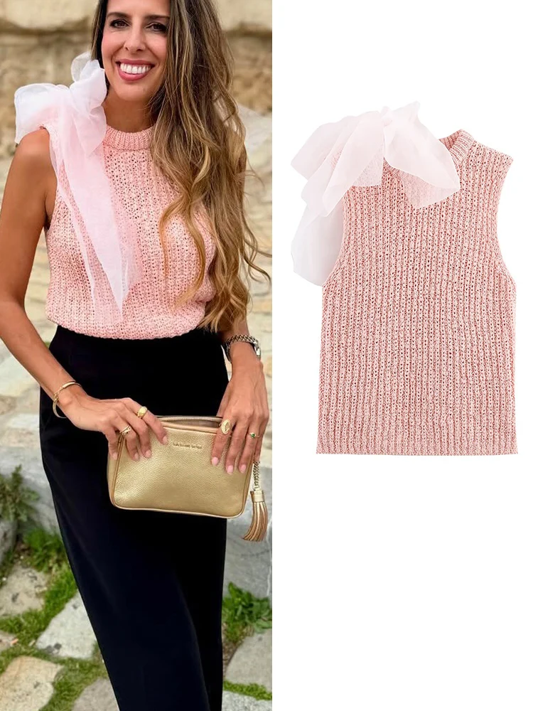 

2025 Women Summer Blouses Shirts Tops Fashion Solid Knitting O-Neck Slim Bow Female Elegant Street Top Clothing