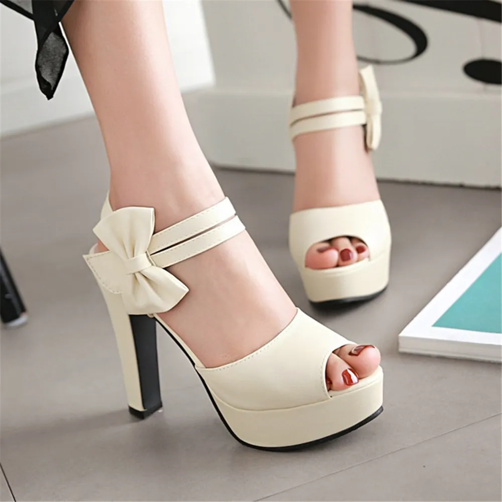 Sweet Bowtie Women Platform Sandals High Heel Peep Toe Pink Black PU Casual Office Lady Ankle Strap Party Dress Shoes Sandalias