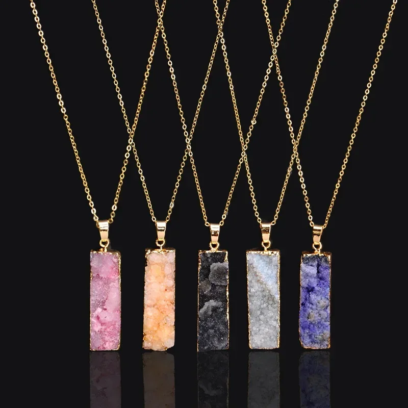 Gold Color Bezel Raw Natural Stone Healing Power Quartz Pendant Druzy Necklace