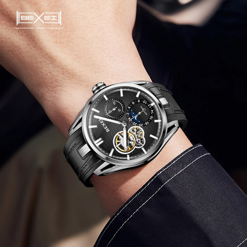 BEXEI 9226 يعرض لساعة تاريخ الشهر الميكانيكية 316L حالة الحركة التلقائية الأرقام الرومانية رجل ساعة K1 كريستال