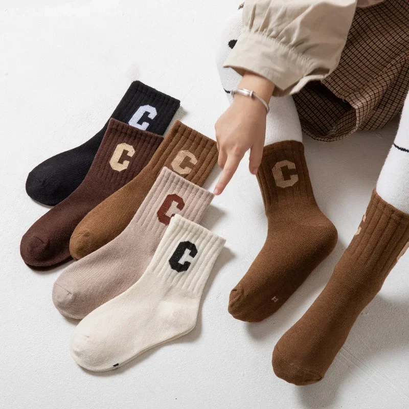 5Pairs/Lot Children Middle Tube Sock Boys Girls Plush Sock Kids Winter Warm Long Socks Korean Fashion C-Letter Baby Footwear 양말