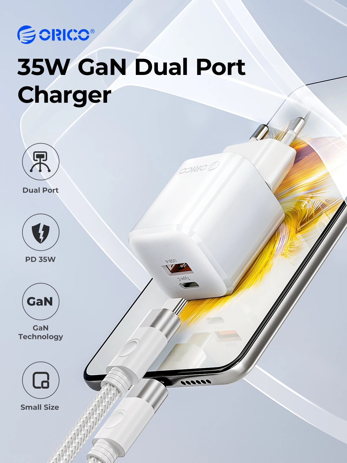 ORICO-GaN USB C Charger, EU Plug, PD Fast Charging, Dual Port, iPhone 13, 12, Max Pro, iPad, Xiaomi, Samsung, 35W