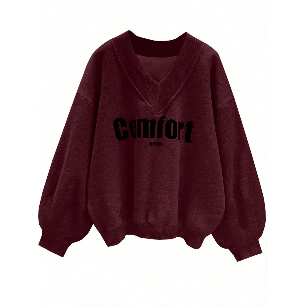 CPSYMYM Dames Sweatshirts Winter Casual Winter Letter Afdrukken Drop-Schouder Mouw V-hals Dagelijkse Sweatshirts
