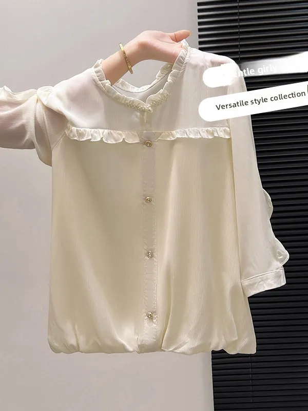 

Весенне-летняя женская свободная шифоновая блузка с одной пуговицей и деревянной пуговицей, модная универсальная модель в корейском стиле