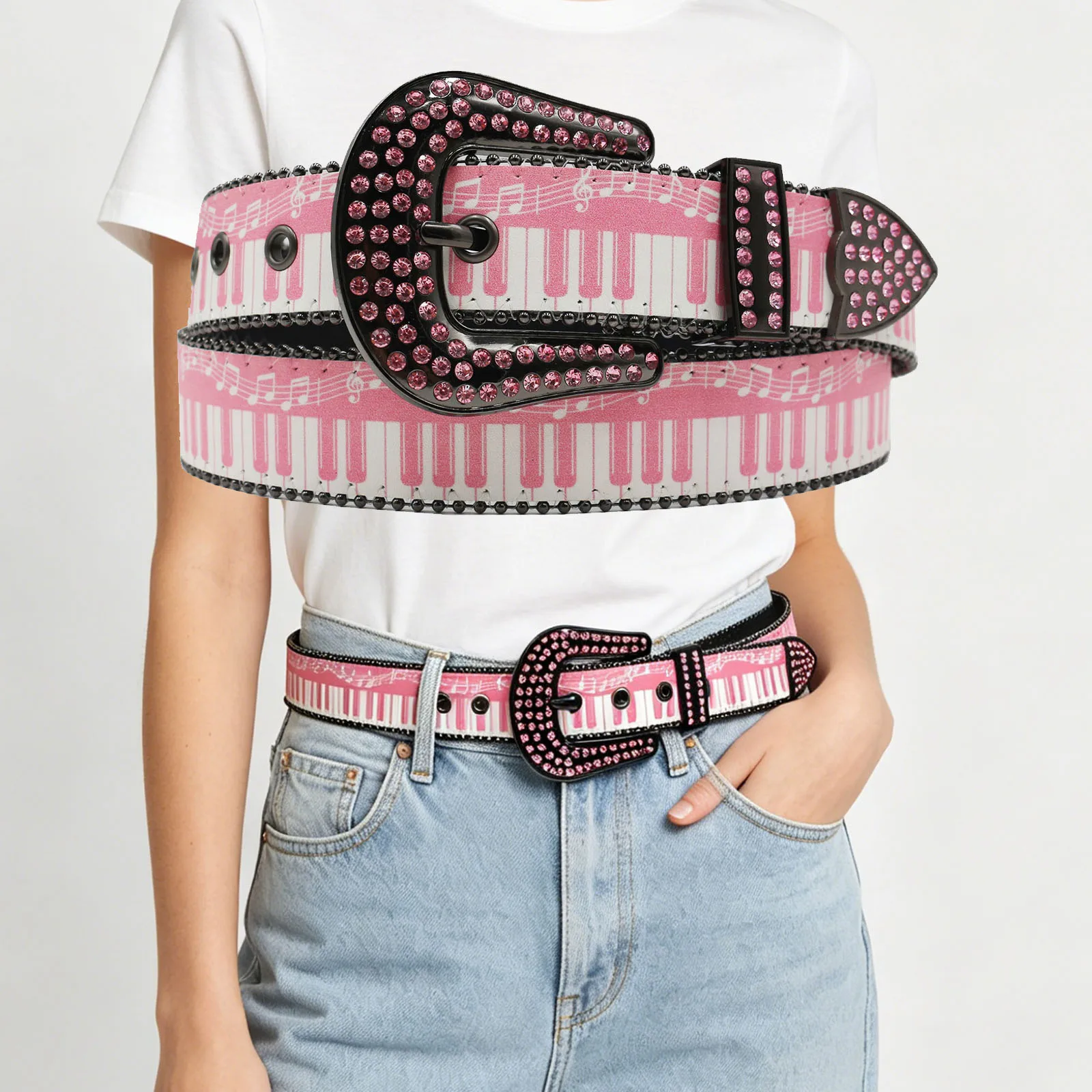 

Pink Piano Keyboard Print Rhinestone Belt , Sparkly Crystal Western Pin Buckle Musical Pattern Decorative Belt for Jeans Dress