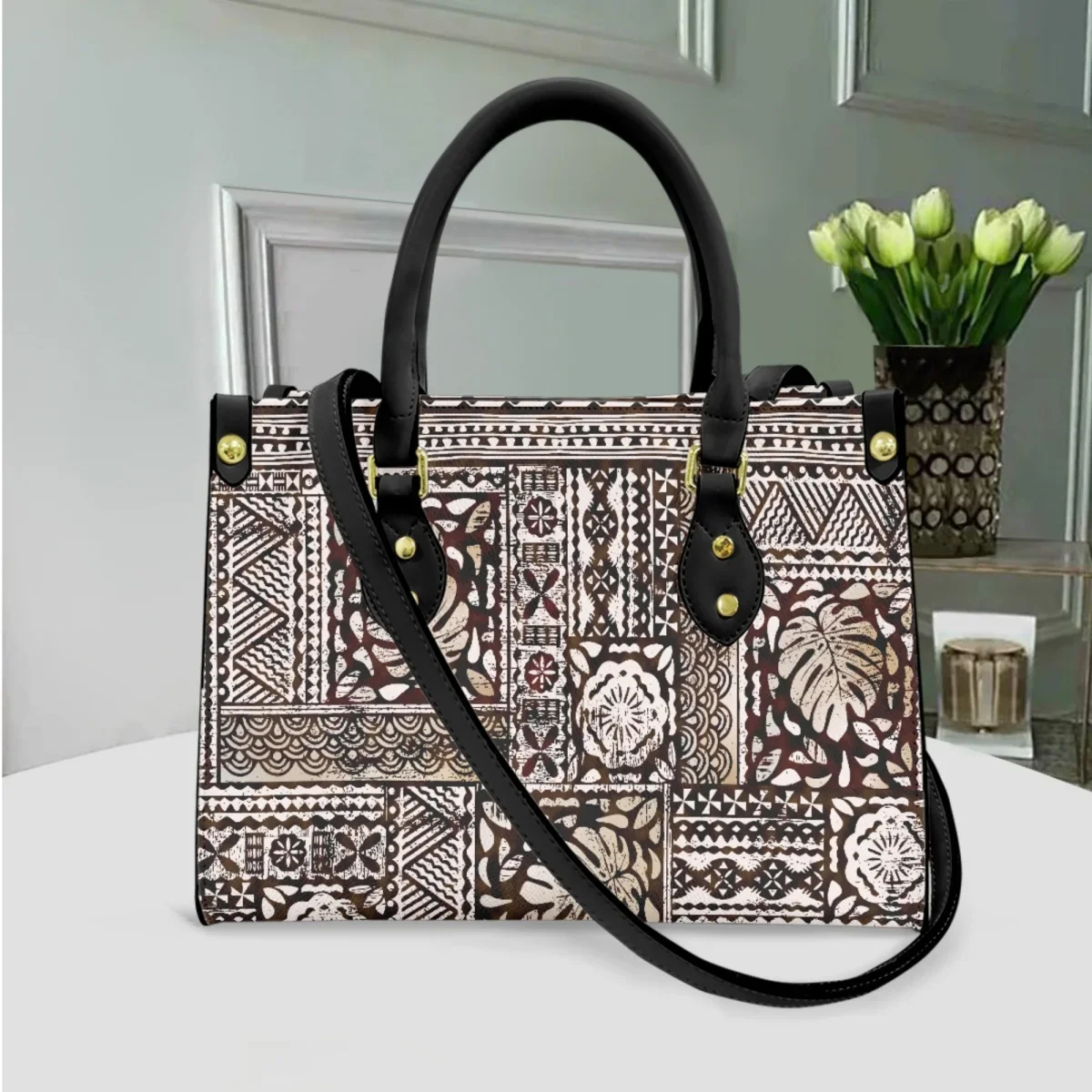 Tas kurir desain mewah Tribal tradisional Polynesian tas koin Clutch pegangan atas kasual kulit PU Retro tas tangan modis