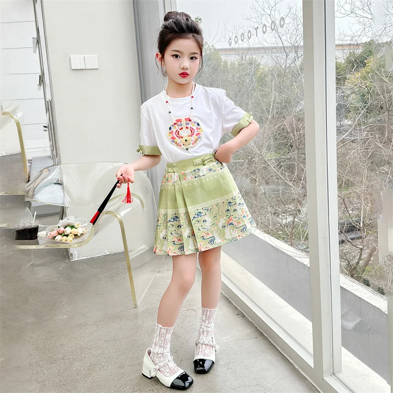 Modern Ming Dynasty Hanfu Toddler Girl Summer Chinese Style Traditional Short Sleeve Shirt Tops Pleated Skirt Outfit Children