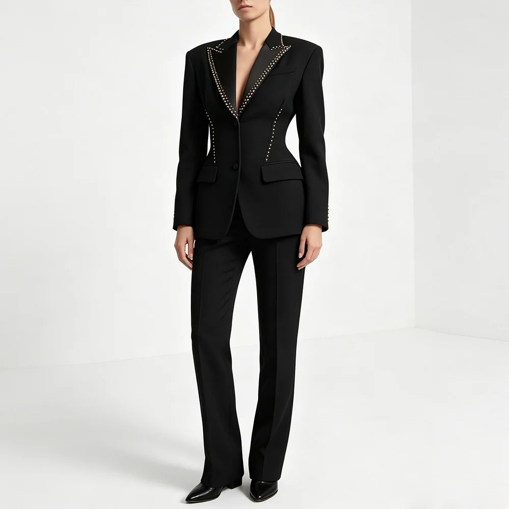 HIGH STREET Newest Fashion 2026 Designer Suit Set Women's Beading Single Button Blazer Pants Set 2pcs