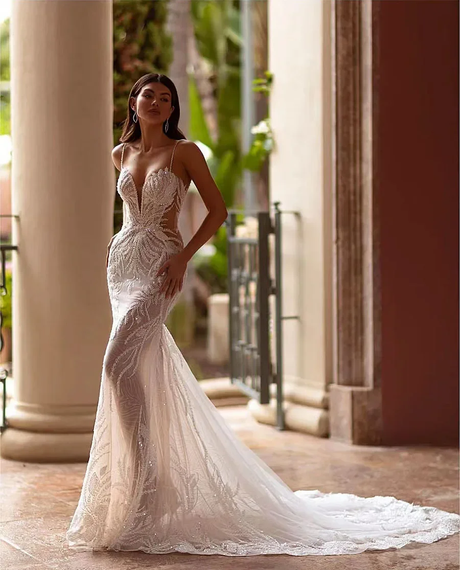 

Изысканное кружевное свадебное платье русалки по индивидуальному заказу, вышитое бисером, сексуальное свадебное платье с открытой спиной и v-образным вырезом на бретельках, Vestidos De Novia