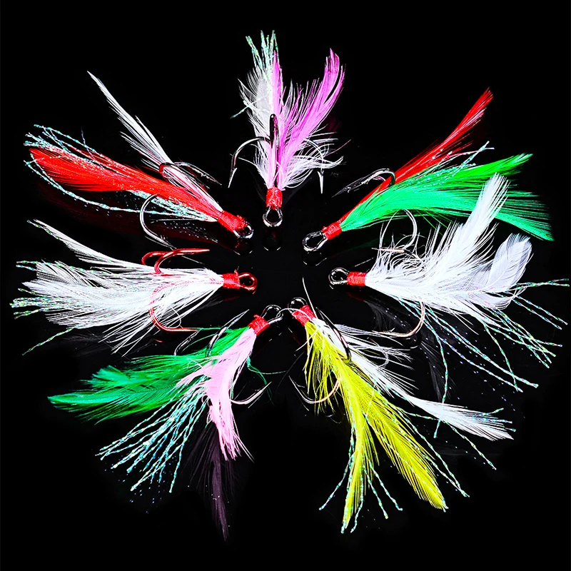 PROBEROS 20pcs/box Barbed Sharp Feather Treble Hooks 2#-10# Fish Hook High Carbon Steel Antirust Lure Fishing Tackle Fish Hook