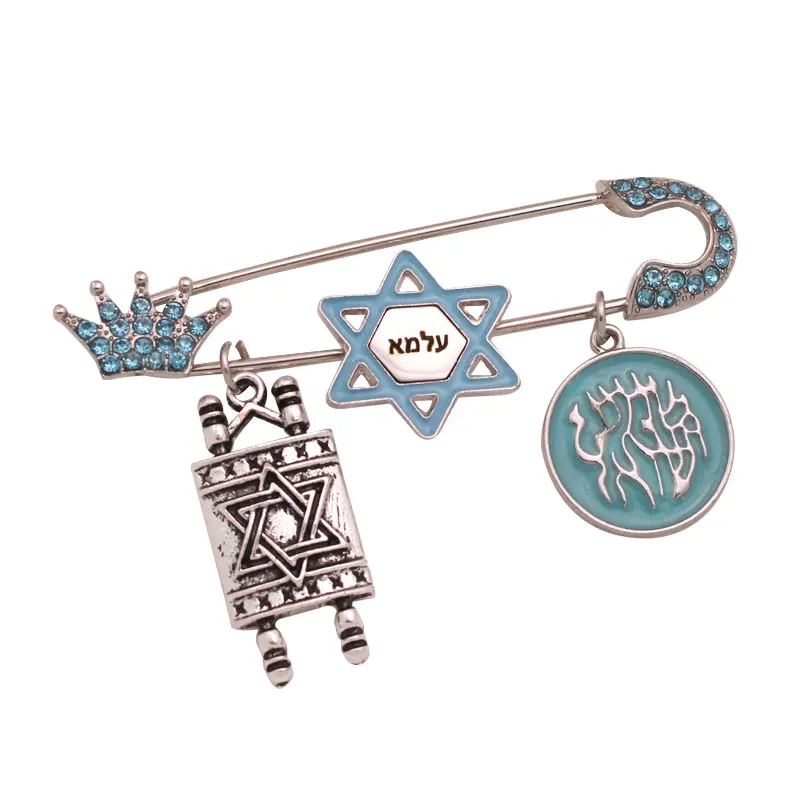 Custom name Hebrew Sefer torah scroll star of David jewish blue brooch Baby Pin