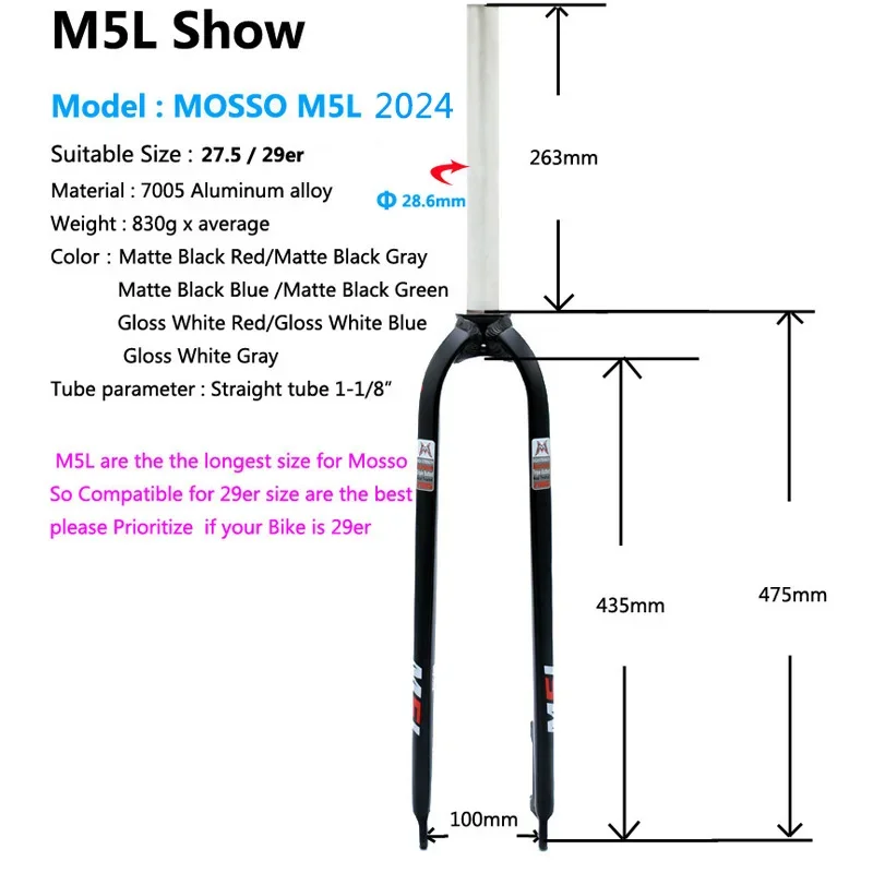 Mosso Fork M3/M5L MTB Bike Fork Suitable for 26 27.5 29er Road Bicycle Fork Disc Brake Front Forks SR Material 7005