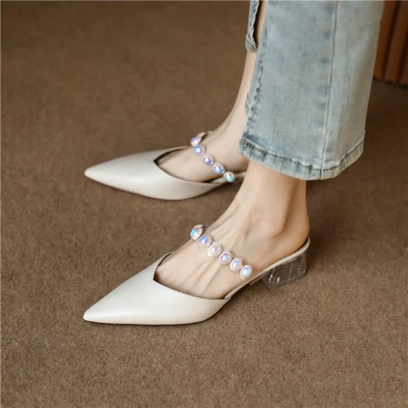 Crystals Mules Outside Shoes Off White Transparent Women\'s Slippers and Ladies Sandals Heeled Pointed Toe Rhenstone Job Slides G