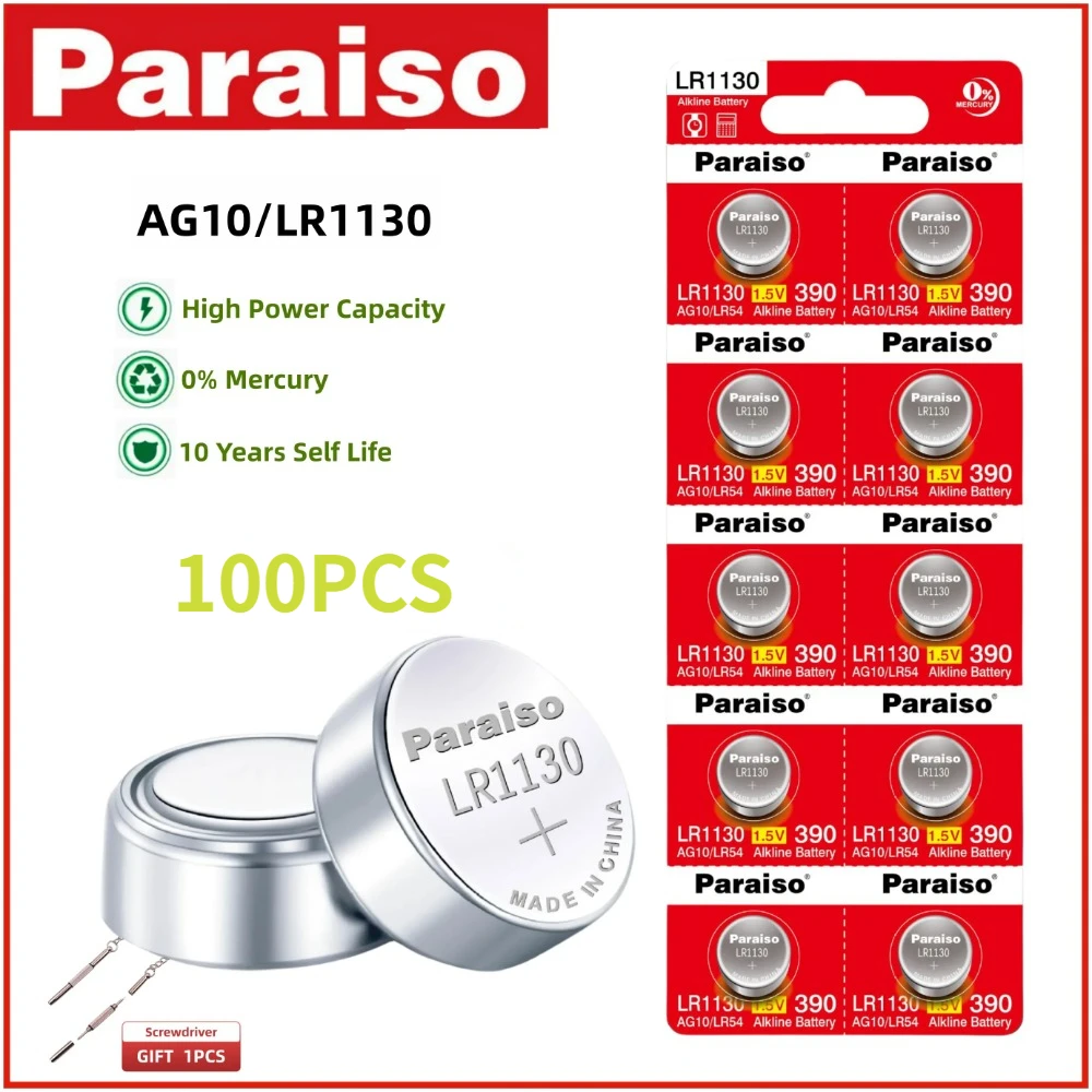 100pcs LR1130 1.5V Lithium Battery AG10 LR54 button cell for watch, toys, car key watch Coin Cell batteries Long-Lasting Power