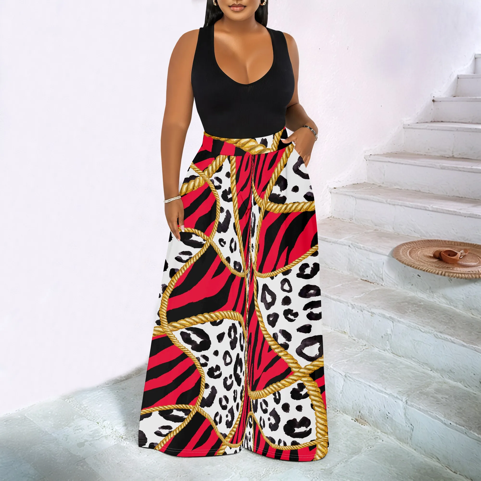 Women's Spring and Autumn Fashion Printed Totem Pocket Pants, Casual Home Pants
