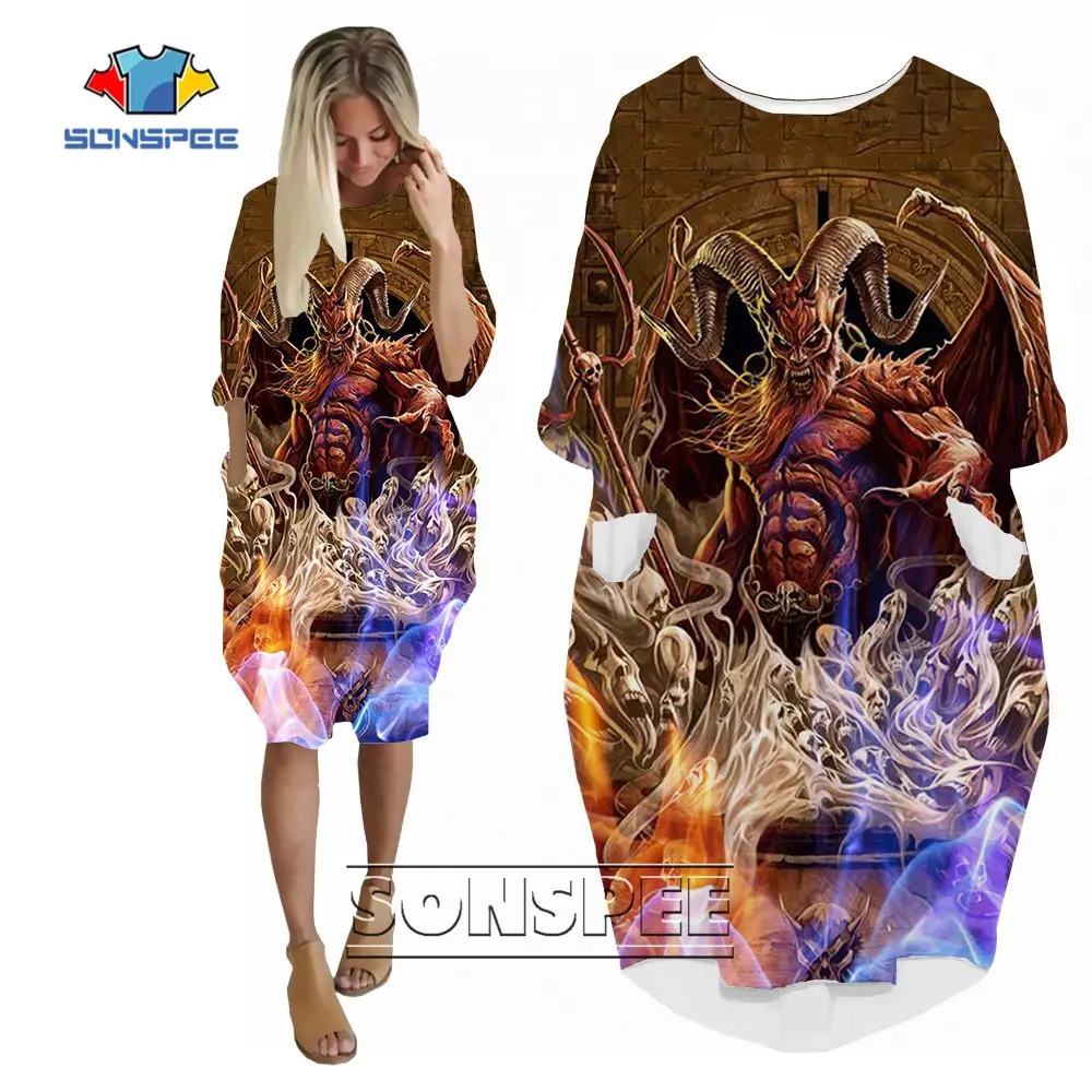 SONSPEE Hell Abyss Demon Woman's Dress Fashion Design Satan printed Skirt Fashion Elegant Trend Loose Long Sleeve Pocket Skirts