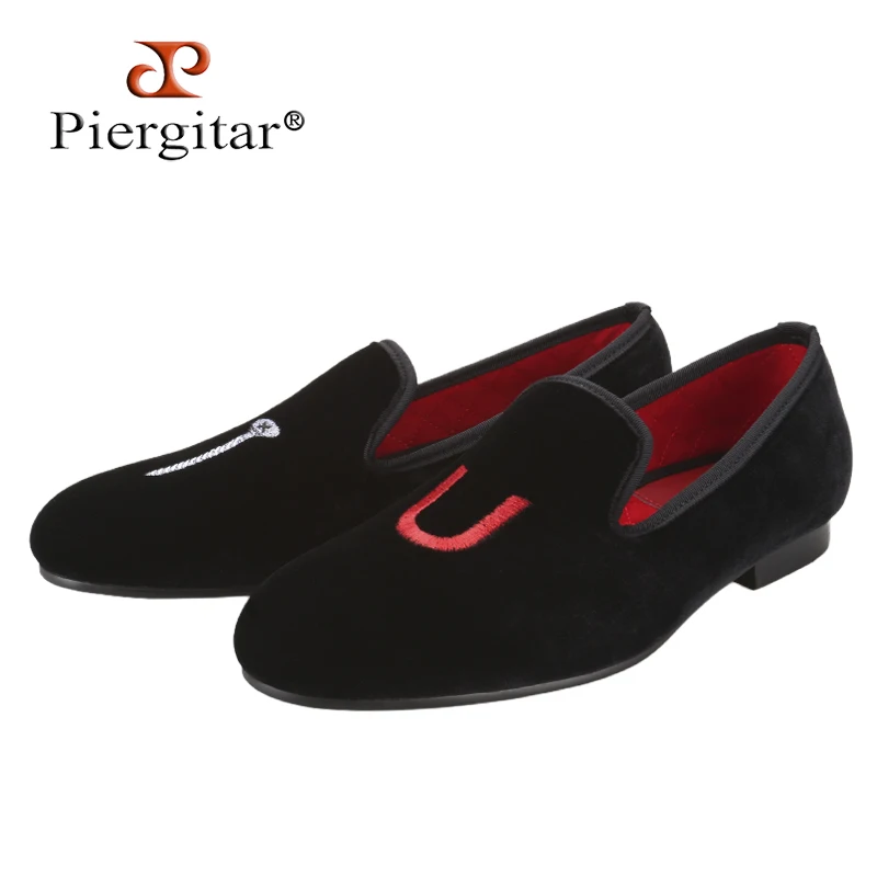 Piergitar Classic College Black Velvet Slipper With Match Color Grosgrain Trim Hand-Crafted 