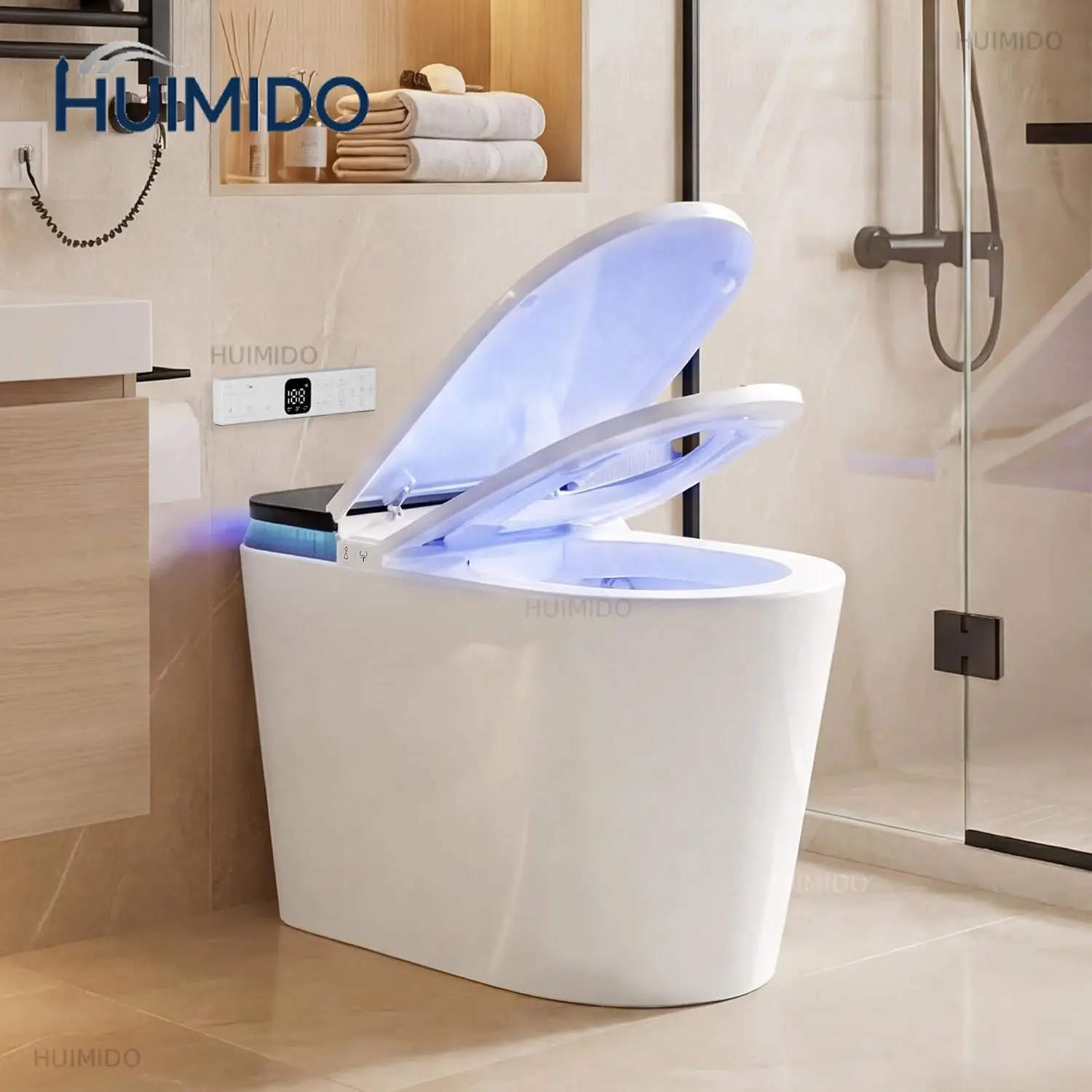 Smart Toilet with Tank, Elongated Electric Bidet Toilet with Foam Shield, Cleaner Tablets, Dual Auto Flush/Lid&Seat, Foot S