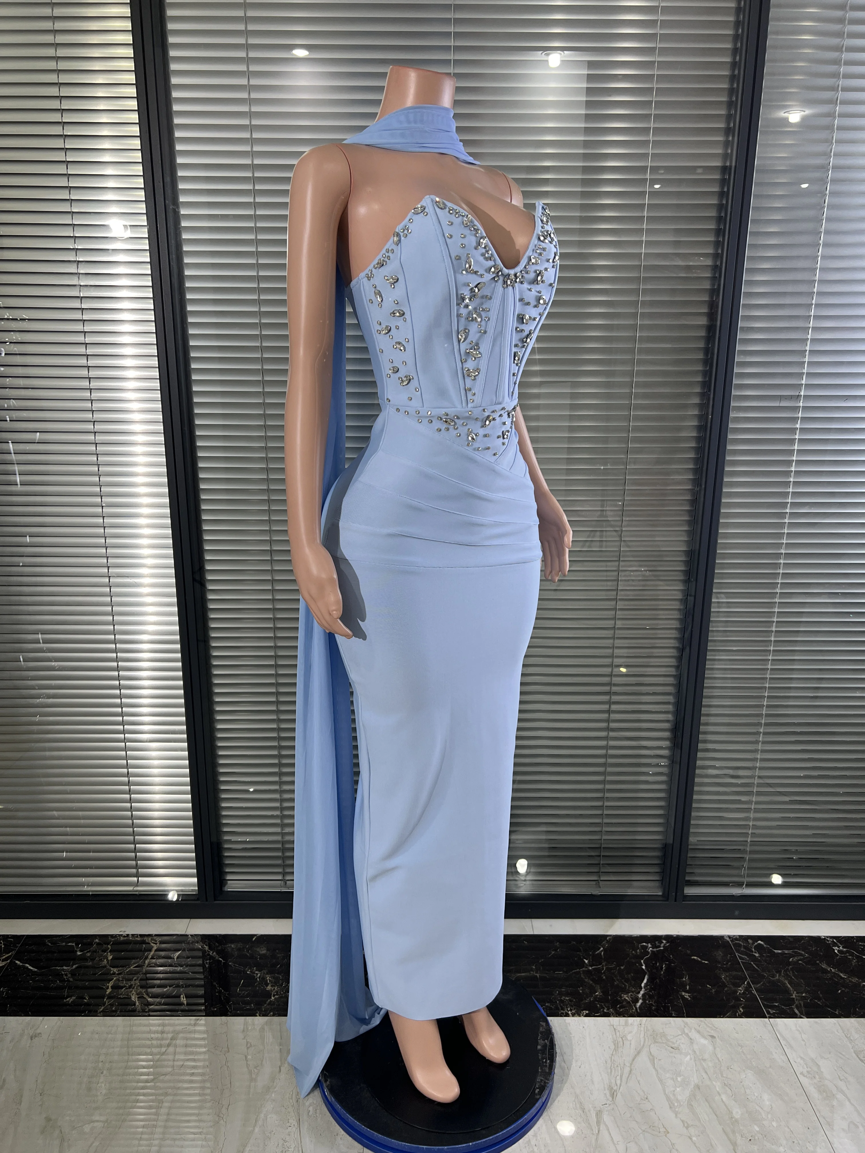 Women Elegance Strapless Rhinestone Mermaid Maxi Dress Bodycon CorsetLong Gown With Matching Scarf For Birthday Banquet