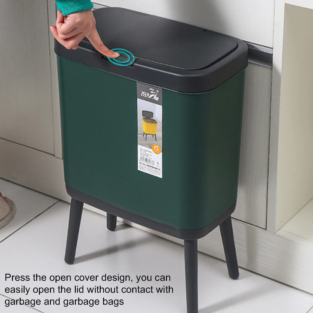 

Narrow Modern Waste Basket For Kitchen - Effective Easy To Eco-friendly Garbage Can With Push Button light green gold