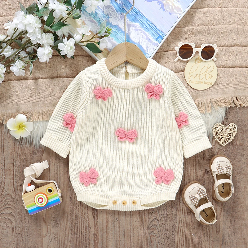 

Осеннее детское боди, вязаный комбинезон для маленьких девочек, зимняя одежда с длинными рукавами для новорожденных, комбинезоны для детей 0-18 месяцев, модные милые топы с 3D бантом