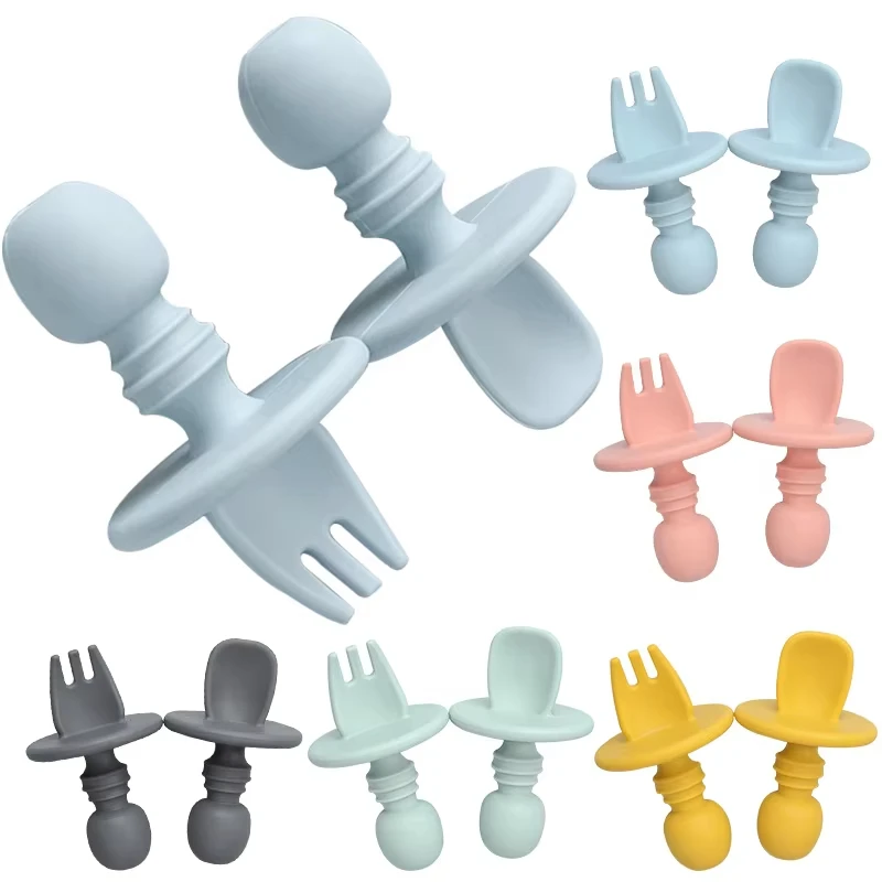 

2pcs Food Grade Children Wooden Handle Silicone Spoon Fork Cutlery Baby Training Complementary Food Spoon BabyFeeding Spoon Fork