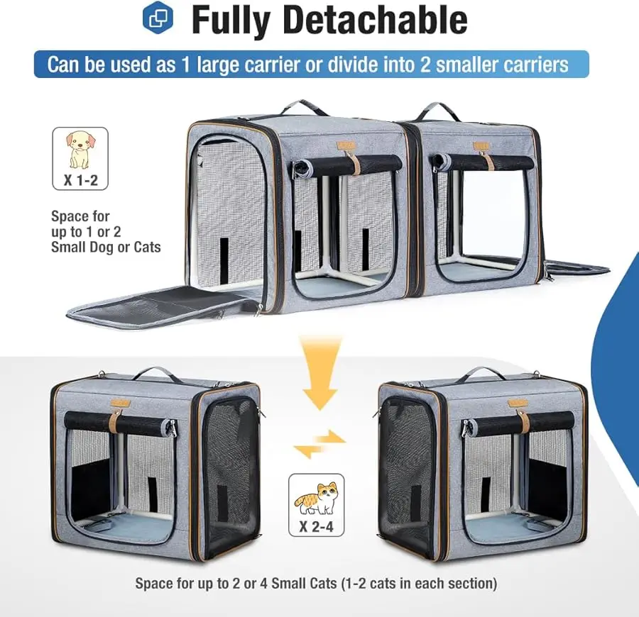 

2-in-1 Cat Tra el Carrier with Litter Box, (17.7" x2) x16.5"x13" Large Cat Carrier with Zipper Locks for Mo ing Across The Count