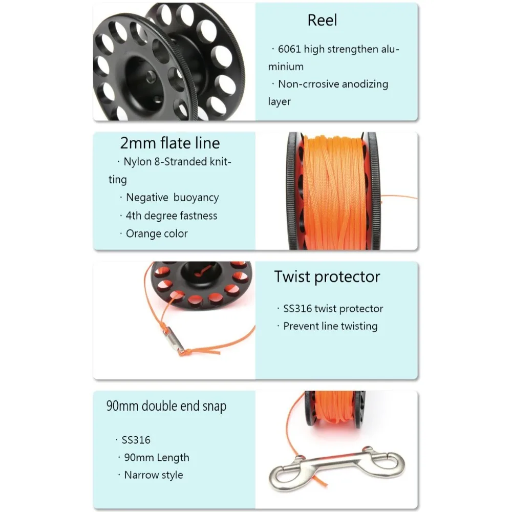 Scuba Diving Spool Finger Reel Wreck Cave Double Ended Hook Anti-Missing Marker Line 15/30M Stainless Steel view 4
