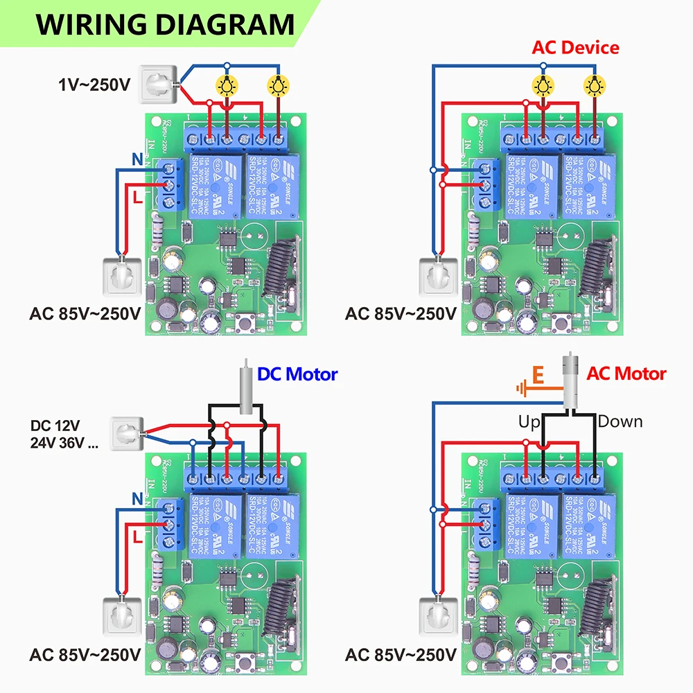 433MHz Universal Wireless Remote Control Switch 110V 220V 2CH Relay Module and 60m Transmitter for Light/Garage Gate/Crane/DIY