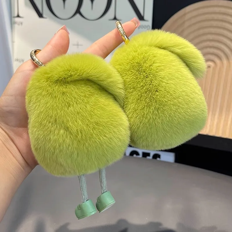 Real rabbit fur keychain cute avocado car key ring pendant internet celebrity plush doll toy backpack charm gift