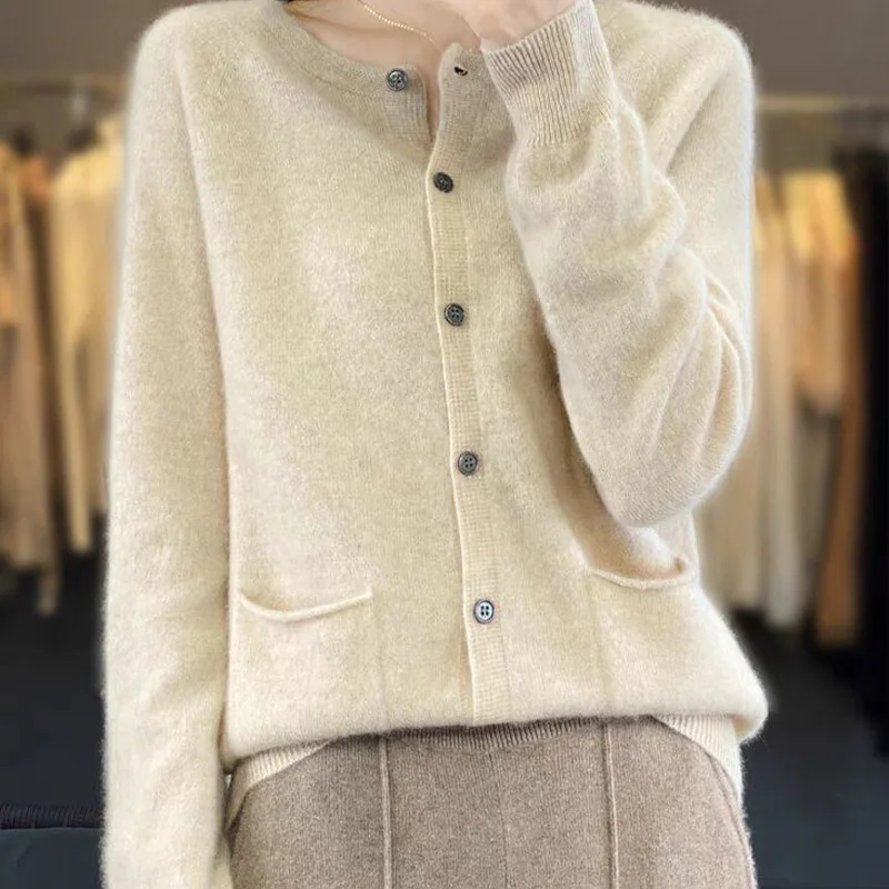 Women Clothing Solid Pocket Sweaters Autumn Winter Vintage Commute Loose Knitted Cardigan Soft Wool O-neck Tops