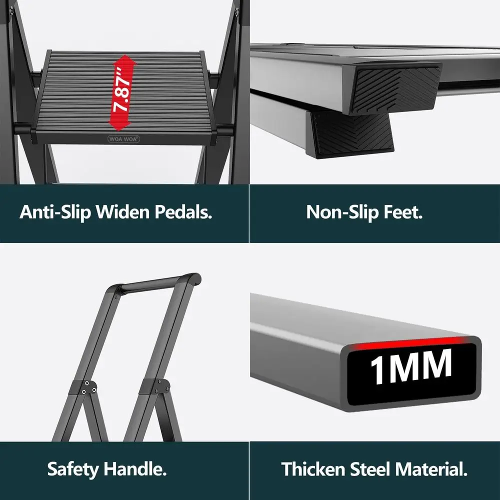 10 Fuß große leichte faltbare Leiter mit rutschfesten Stufen, Sicherheitsgeländer, ideal für den Heim- und Außenbereich, 300 Pfund Tragkraft – Schwarz