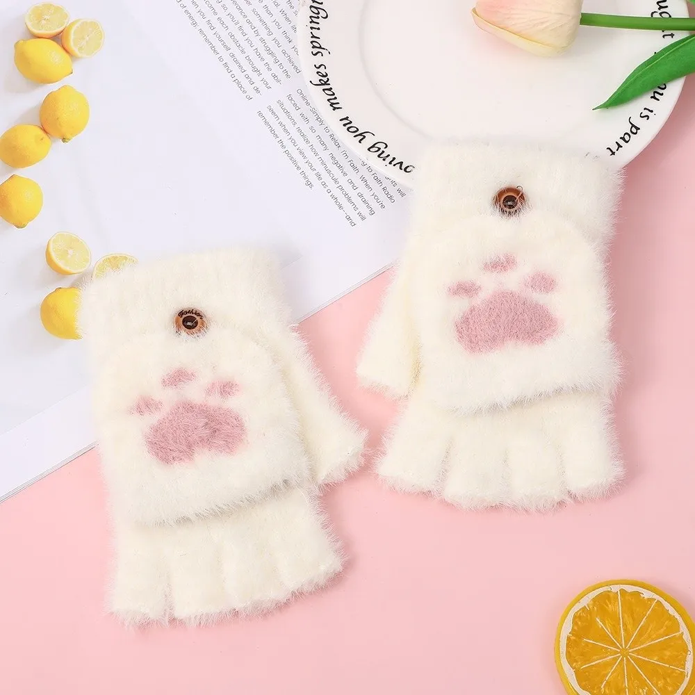 Cartoon Style Soft Cat Paw Gloves Flip Up and Down Thicken Half Finger Gloves Touch Screen Cozy Warm Mittens Outdoor