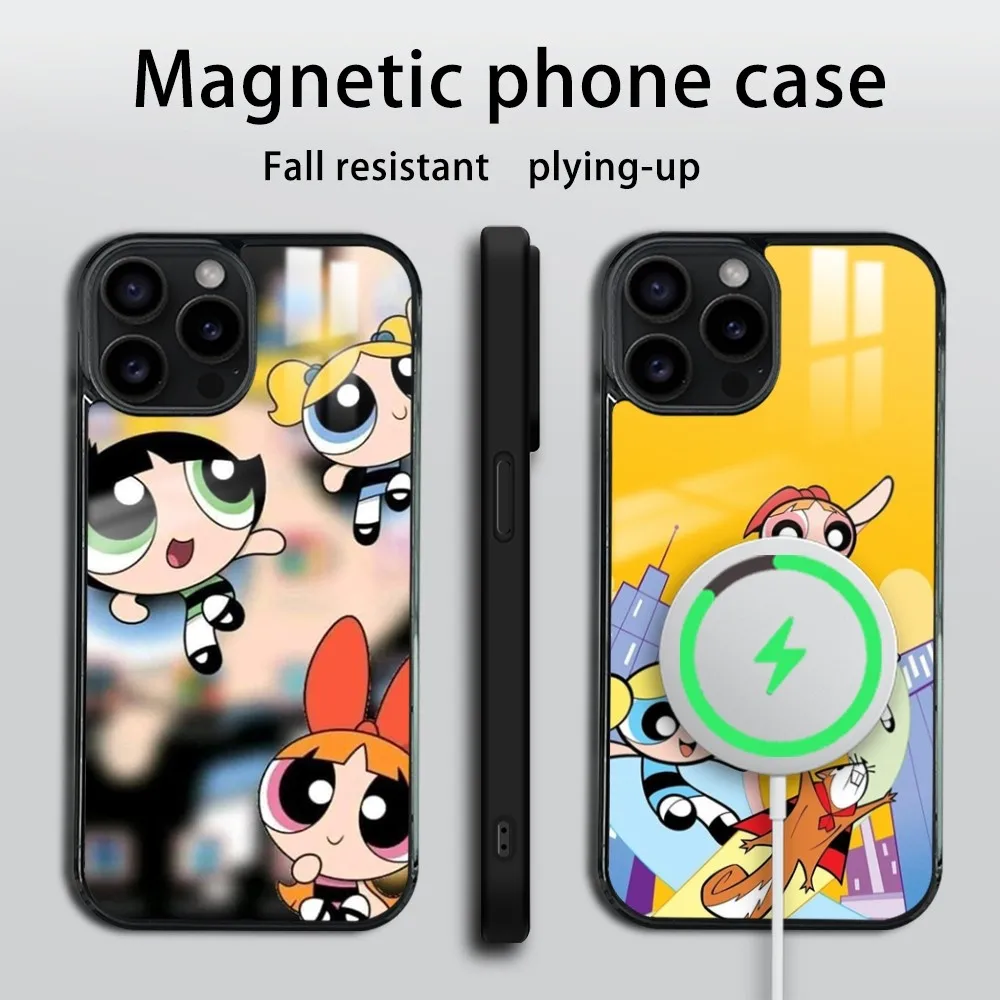 The P-Powerpuff Girls-s Phone Case For iPhone 16 15 14 13 12 11 Pro Max Plus Mini Mirror Wireless magnetic case