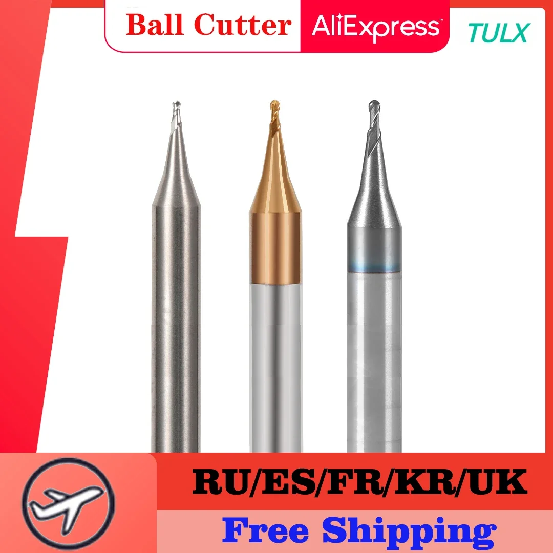 TULX 2 Flute HRC60 Micro Ball End Mill Tungsten Carbide Flat 4mm Shank Milling Cutter CNC Engraving Bit R0.1-R0.45mm Ball Mill