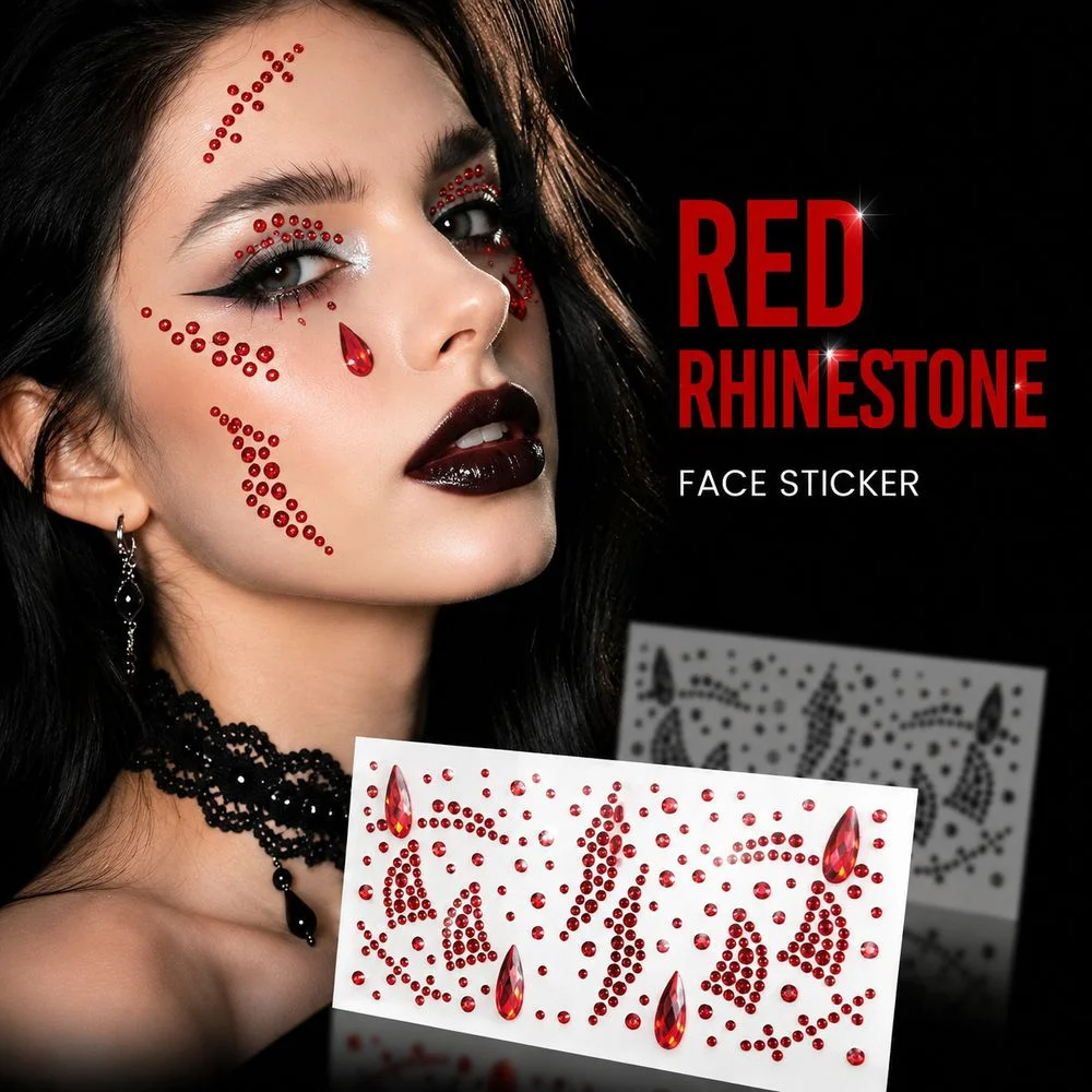 1Pc Halloween Vampire Makeup Face Gems Two‑Tone Red Black Mixed‑Size Blood‑Tear Rhinestone For Cosplay Carnival Gathering