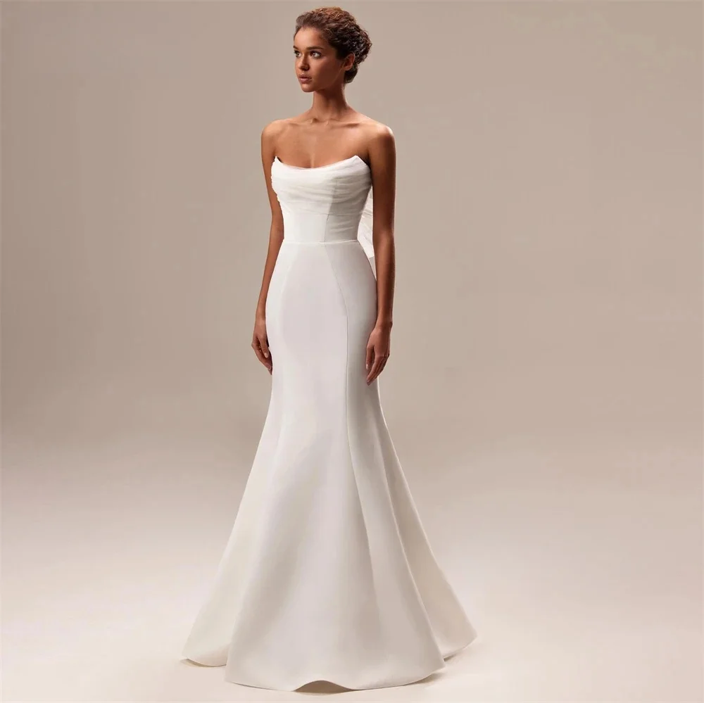 

Simple Customize To Measures Elegant Mermaid Pure Wedding Dresses Off Shoulder Pleats Sleeveless Bridal Gowns Backles Elegant