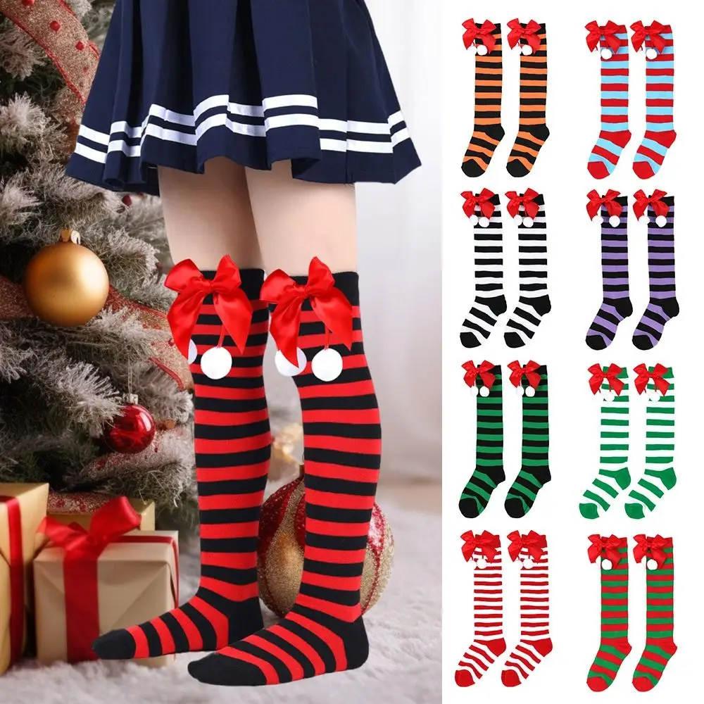 Soft Bow Hair Ball Christmas Socks Stripe Anti Friction Christmas Stocking Polyester Kids Socks Christmas