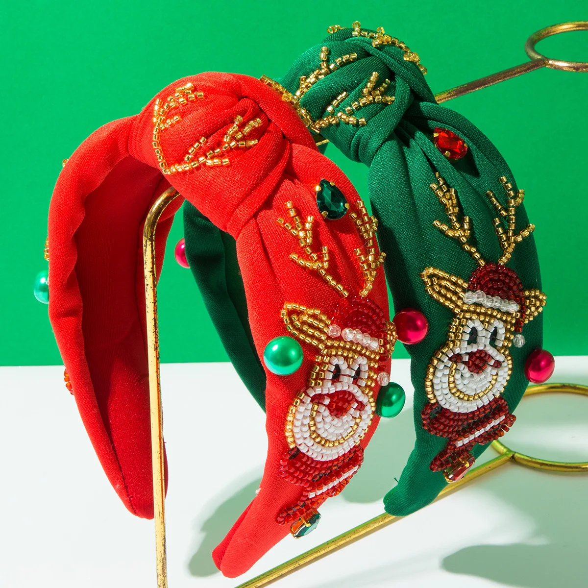 Christmas Solid Color Rhinestone Pearl Hand-sewn Seed Bead Deer Pattern Wide Brim Knotted Headband for Women