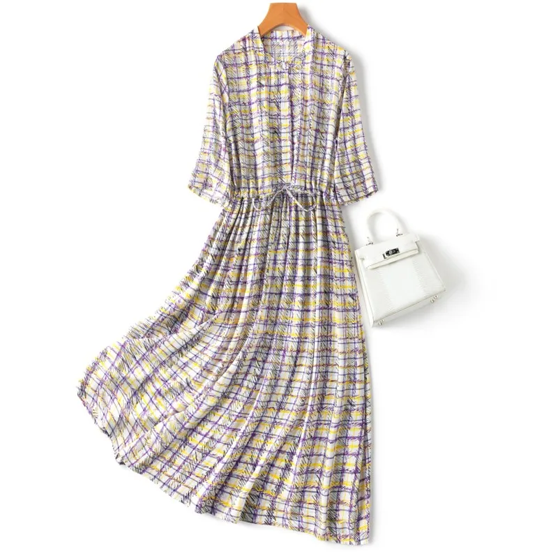 2024 Women's Summer Fashion New 100% Natural Mulberry Silk Crepe De Chine Stand Collar Large Swing Holiday Style Printing Dress