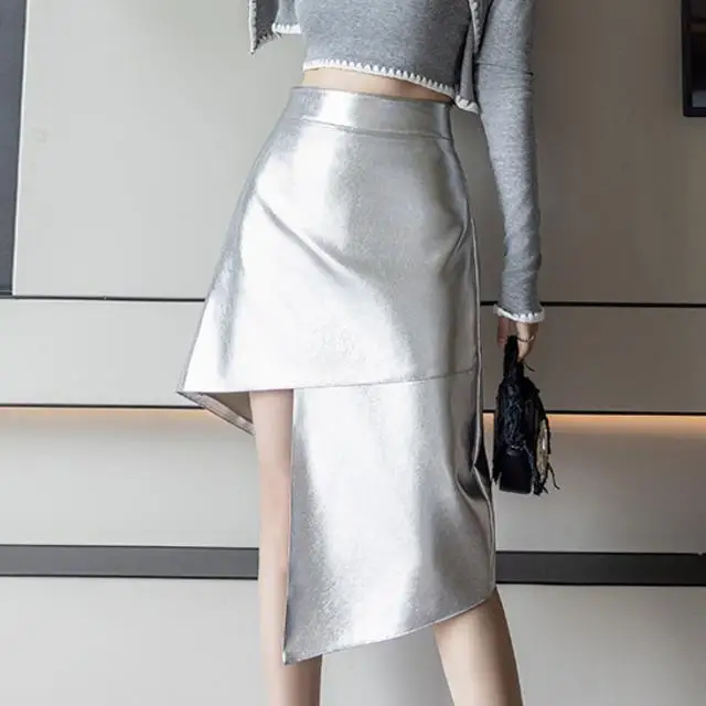Fashionable Temperament Irregular Slit Pu Half Skirt for Women High Waist A-Line Wrapped Buttocks Stunning Leather Skirt