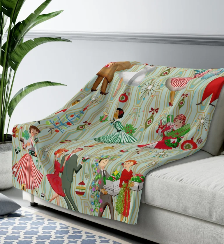 50s Retro Blanket Vintage Mid Century Modern Women, Housewives, Couples in Christmas Setting Sherpa Blanket