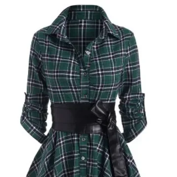 Fashionable Plaid Medium-Length Dress High-Waisted Belt Long Sleeve Cross-Border New Style Women's Garment