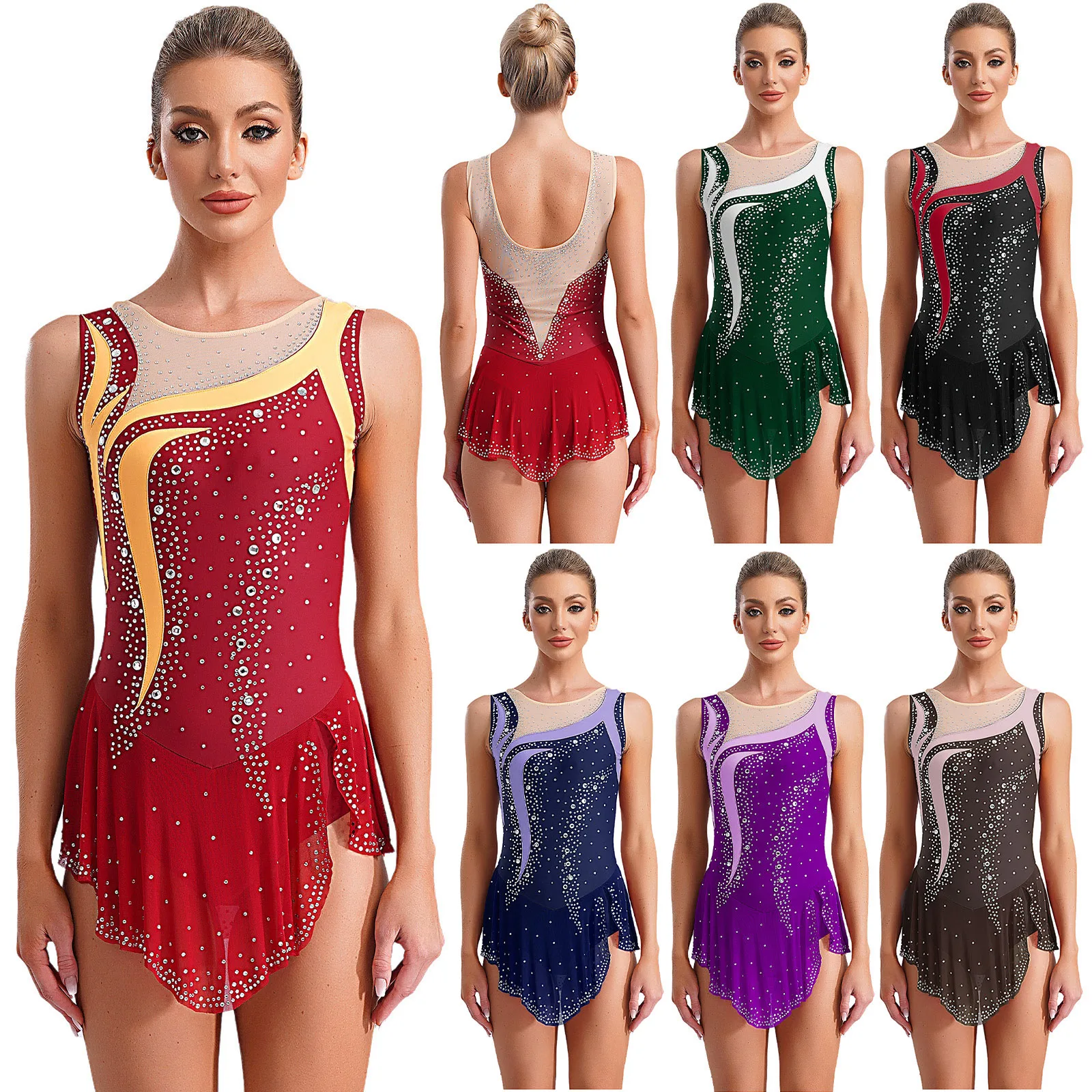 Women Figure Skating Dance Rhythmic Gymnastic Dresses Glittery Rhinestones Leotards Overlay Dress Stage Performance Competition view 6