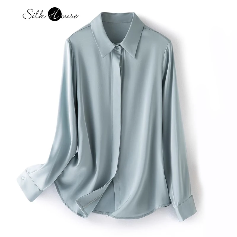 2024 Women\'s Luxury 93% Natural Mulberry Silk Double Qiao Satin Versatile Solid Color Temperament Long Sleeved Office Shirt