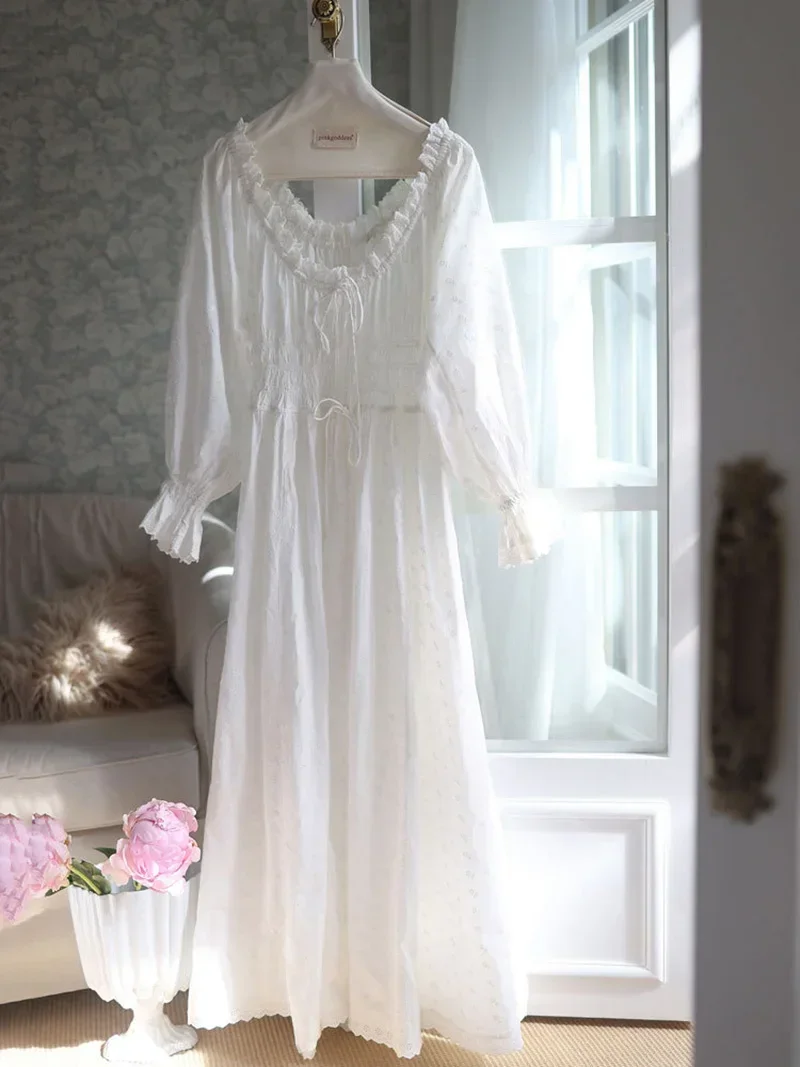 Spring Autumn Women Fairy Cotton Nightdress Embroidery Ruffles Nightgowns Lace-up Elastic Vintage Princess Pajamas Sleepwear