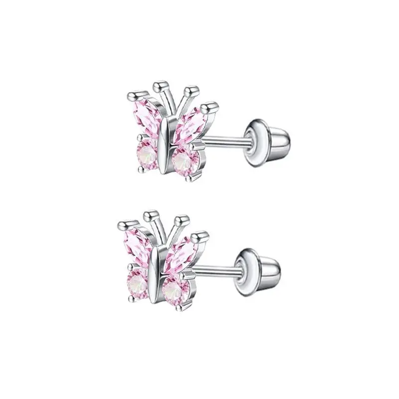 Fashion Stainless Steel Pink Stud Earrings Women INS Butterfly Cross Earbone Nail Cartilage Tragus Ear Piercing Body Jewelry