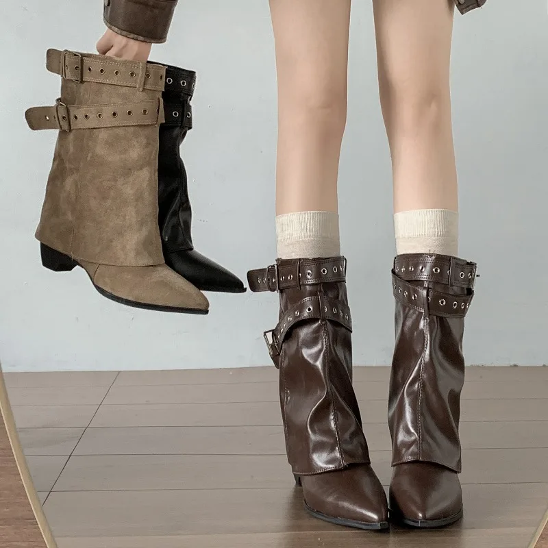 Autumn Vintage Thick Heel Pointed Toe Women Pipe Boots Fashion Belt Buckle Ladies Elegant Slip On Mordern Mid Calf Booties