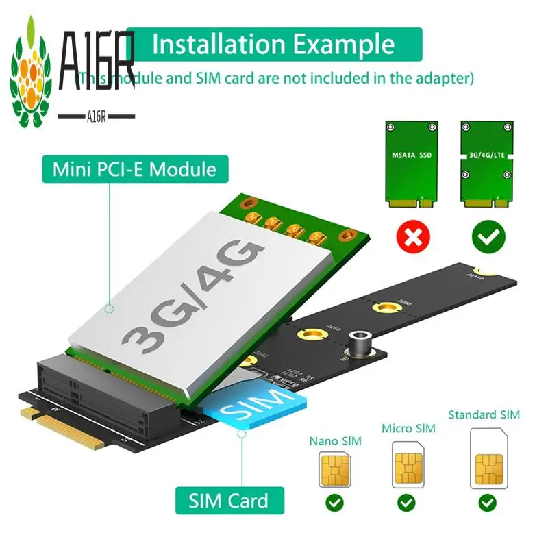 

A16R-M.2 Key M To Mini PCIE Adapter With SIM Card Slot Supports Wifi WWAN LTE 3G/4G/5G Network Modules For Desktop