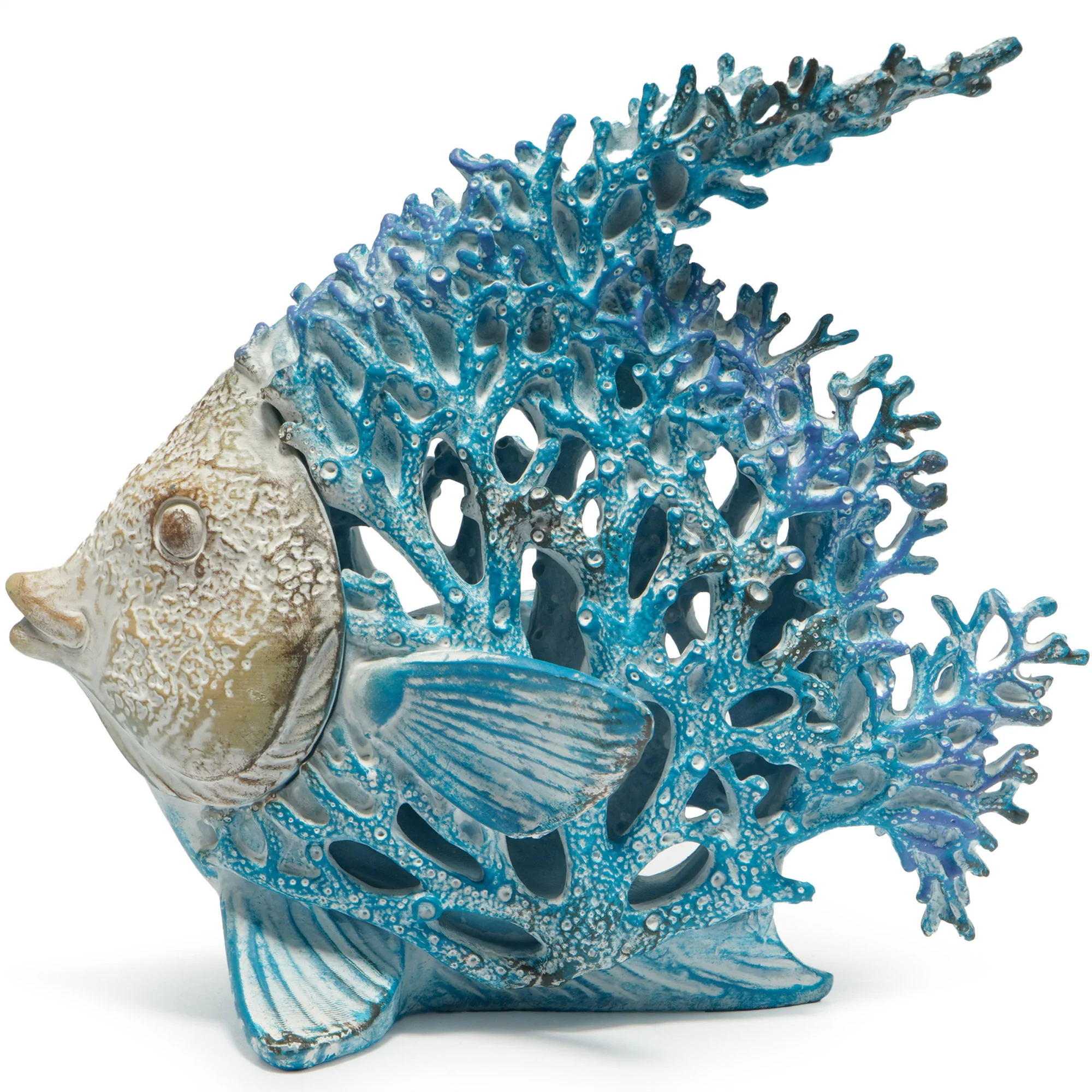 Hodao 7.75 Inch Resin Coral Reef Fish Figurine, Hand-Painted Blue and Ivory Angelfish Sculpture with Stone-Textured Finish, Coastal Ocean Sea Life Decor for Beach House, Living Room, Bathroom, Bookshelf, Tabletop, Office Desk, Nautical Housewarming Gift